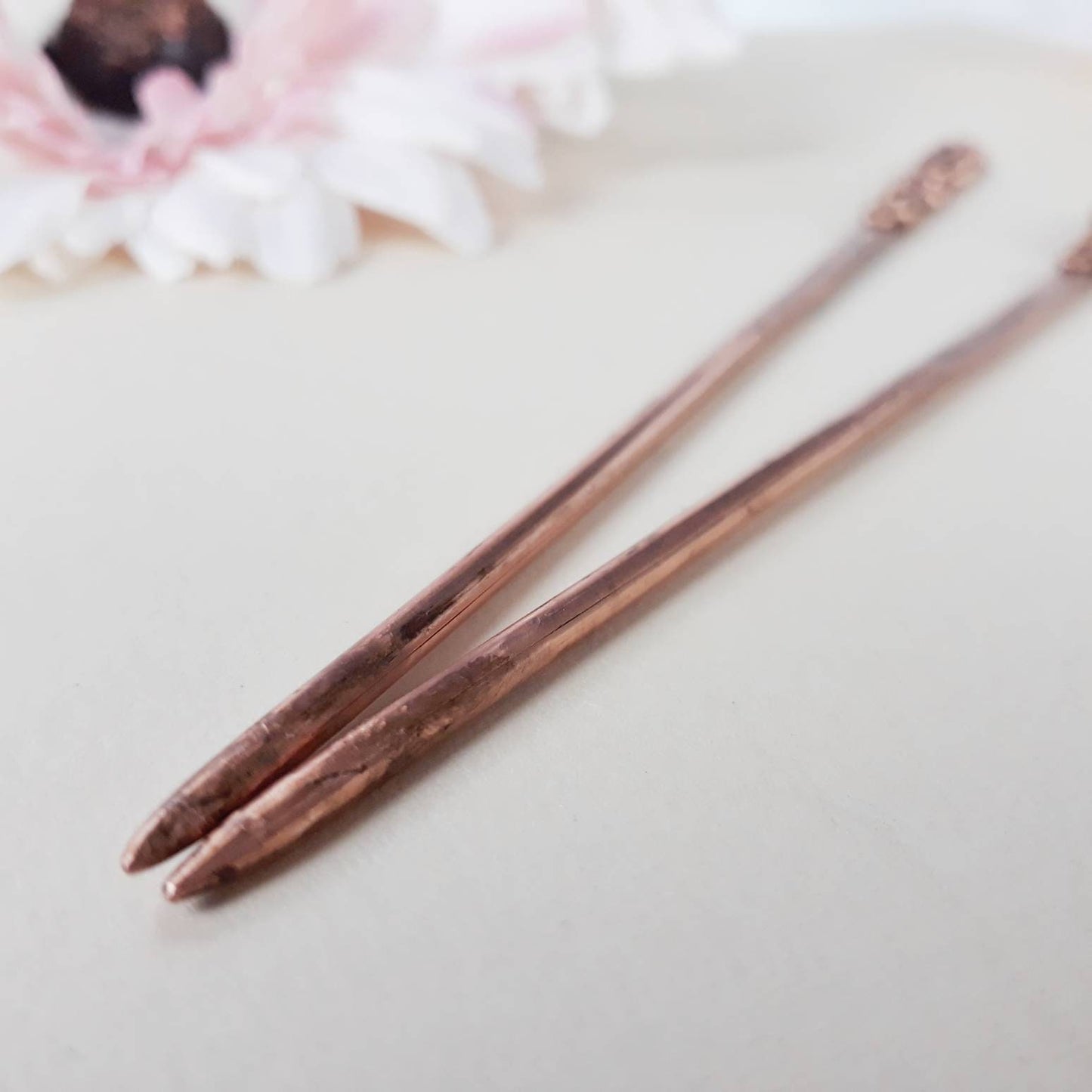 2 copper wire hair sticks with natural stones