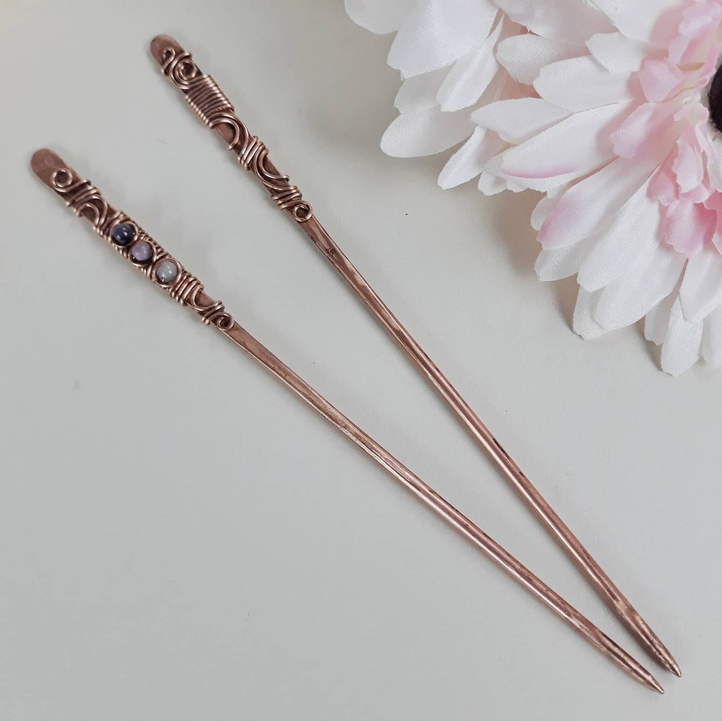 2 copper wire hair sticks with natural stones