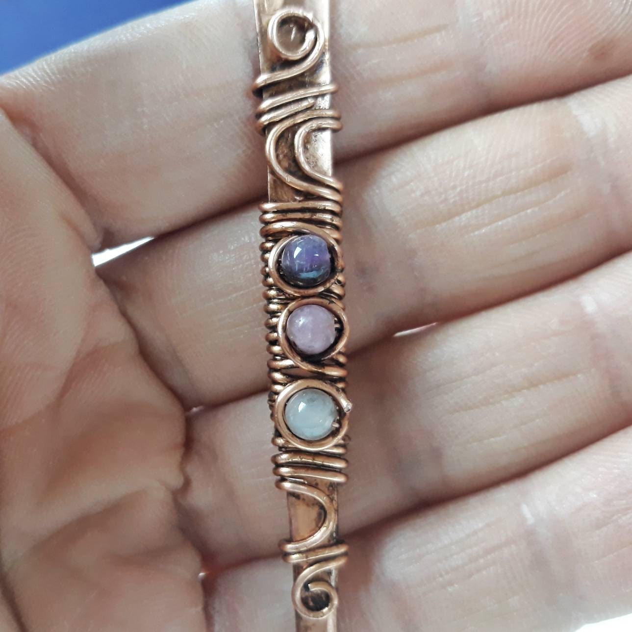 2 copper wire hair sticks with natural stones