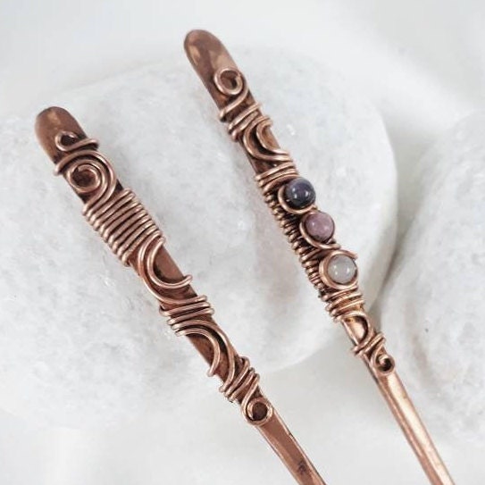 2 copper wire hair sticks with natural stones