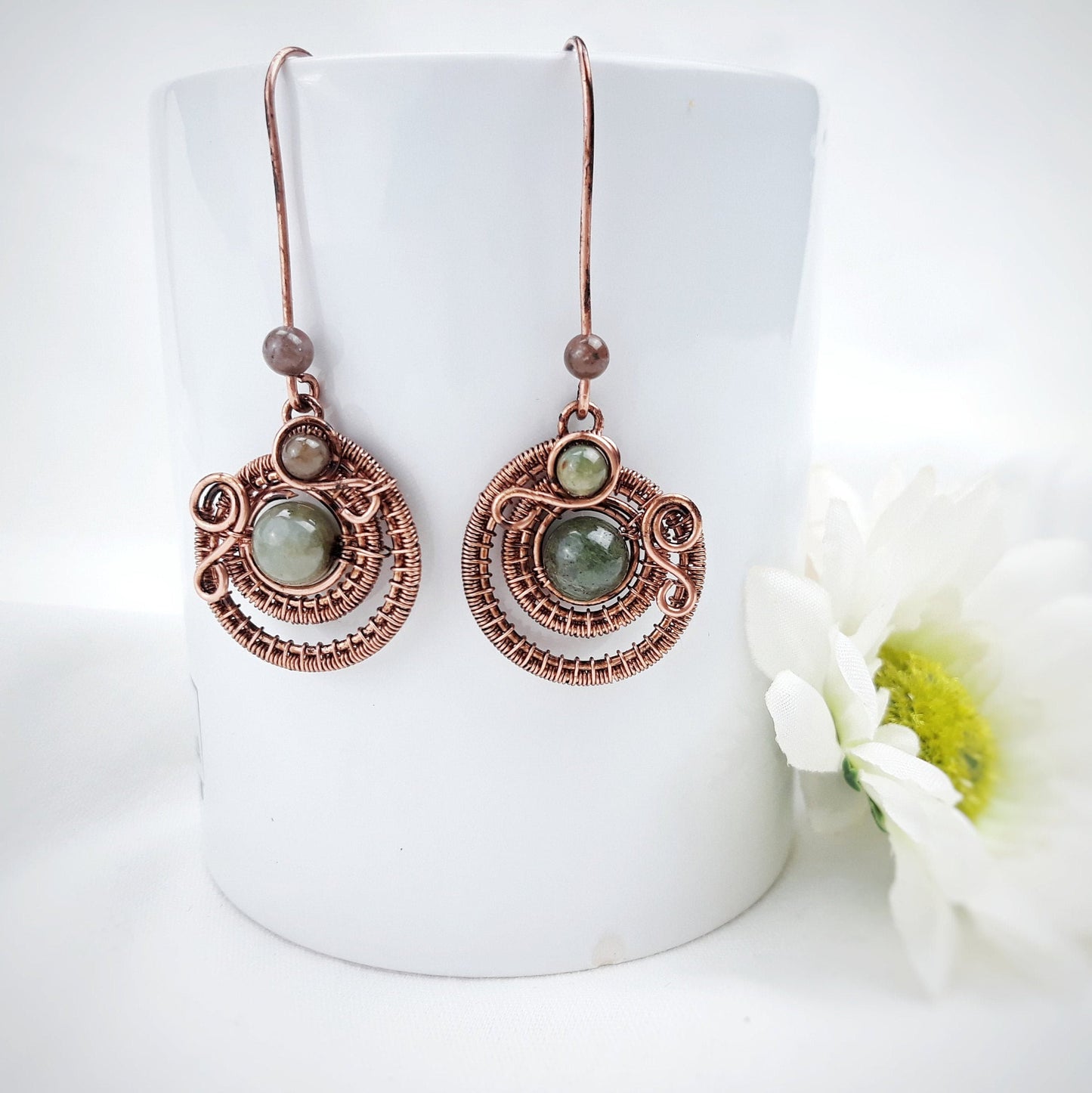 Aztec earrings pendant with Indian agate, delicate copper wire wrap earrings, ethnic pendant in silver or brass