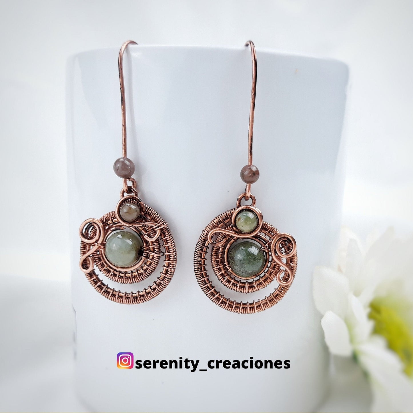 Aztec earrings pendant with Indian agate, delicate copper wire wrap earrings, ethnic pendant in silver or brass