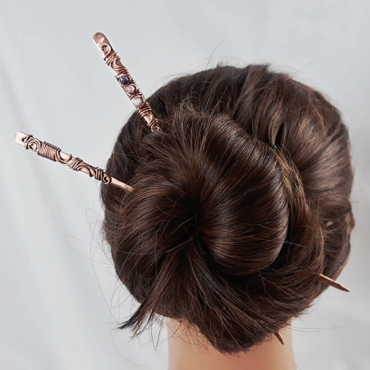 2 copper wire hair sticks with natural stones
