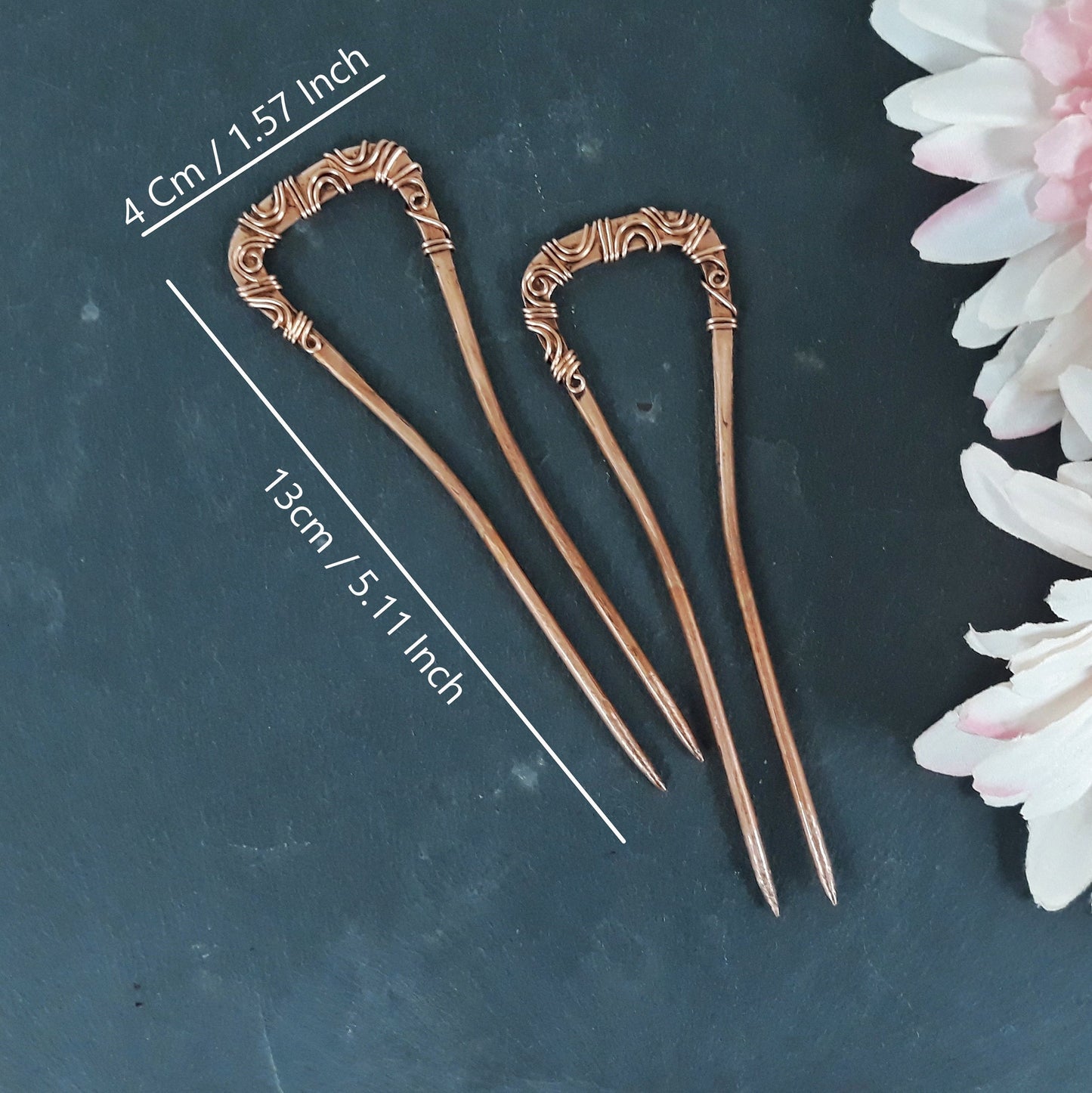 2 Essstäbchen aus Kupfer im Art-Déco-Stil mit Filigran