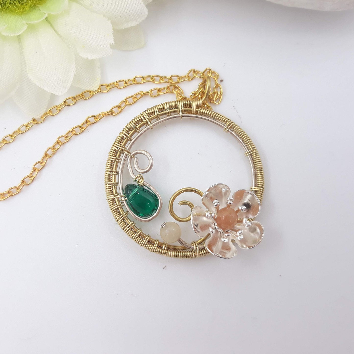 Silver flower Pendant With crystal bead, brass wire wrap pendant necklace for women, Bohemian jewelry for summer