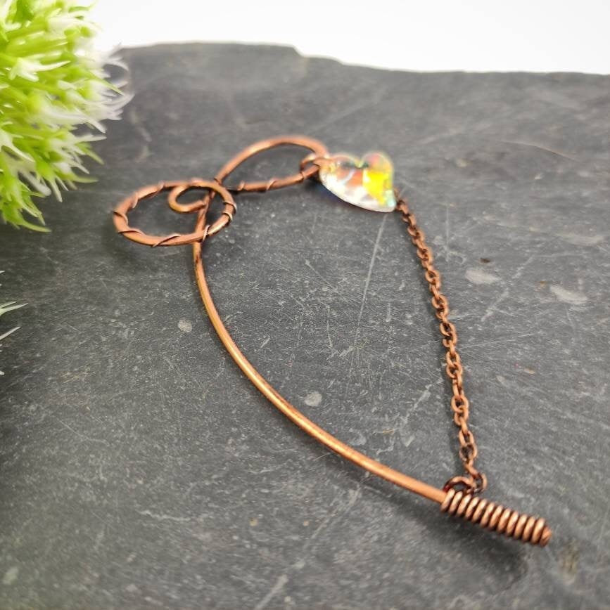 Shawl pin stick with Swarovski heart, shawl pin Knitting accessories for woman, Celtic scarf pin with chain, copper cloak pin brooch
