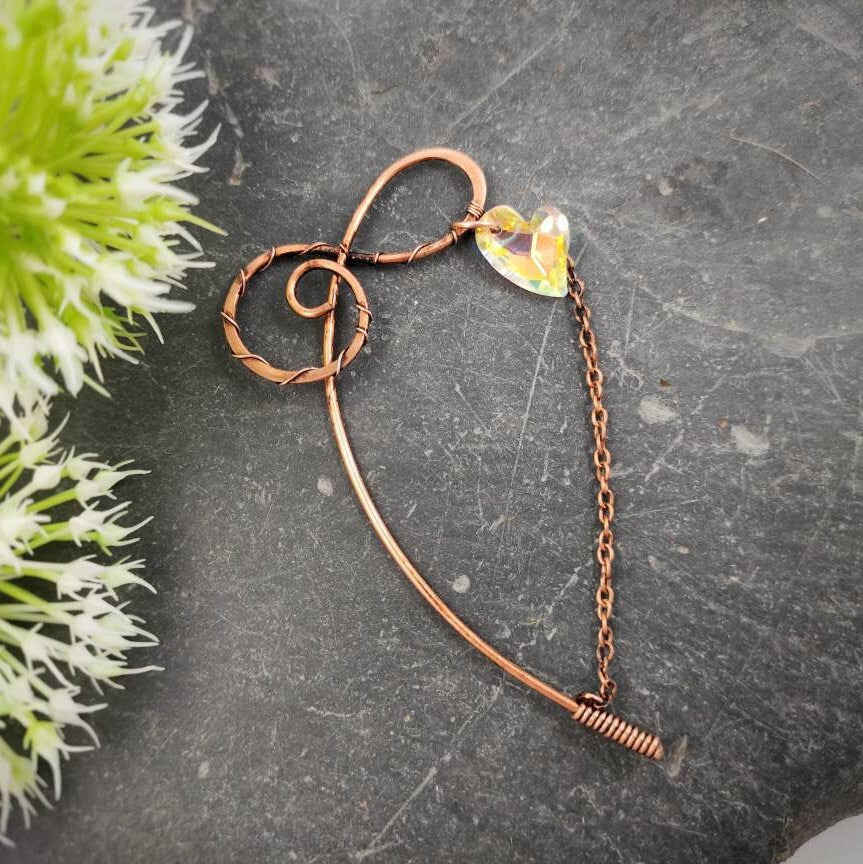 Shawl pin stick with Swarovski heart, shawl pin Knitting accessories for woman, Celtic scarf pin with chain, copper cloak pin brooch