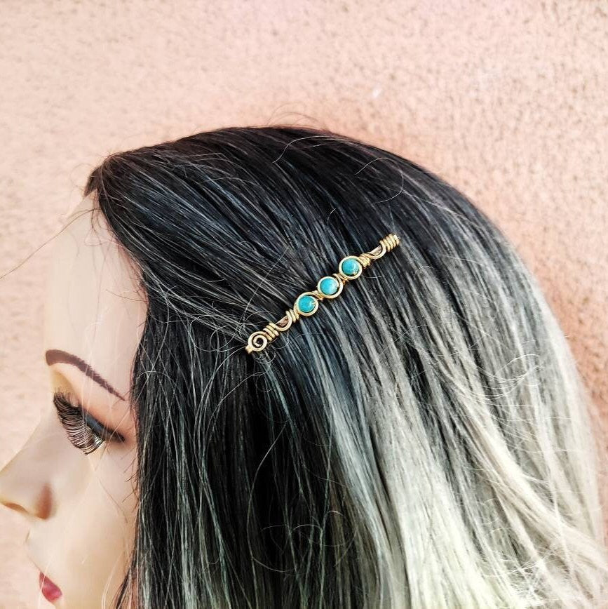 Goldene Haarnadel dekorativ mit blauem Amazonitstein, winzige Haarspange für Frau, Perlenhaarnadel auf Messing-, Kupfer- oder deutschem Draht