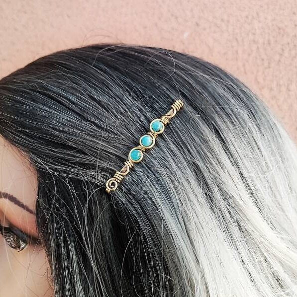 Goldene Haarnadel dekorativ mit blauem Amazonitstein, winzige Haarspange für Frau, Perlenhaarnadel auf Messing-, Kupfer- oder deutschem Draht