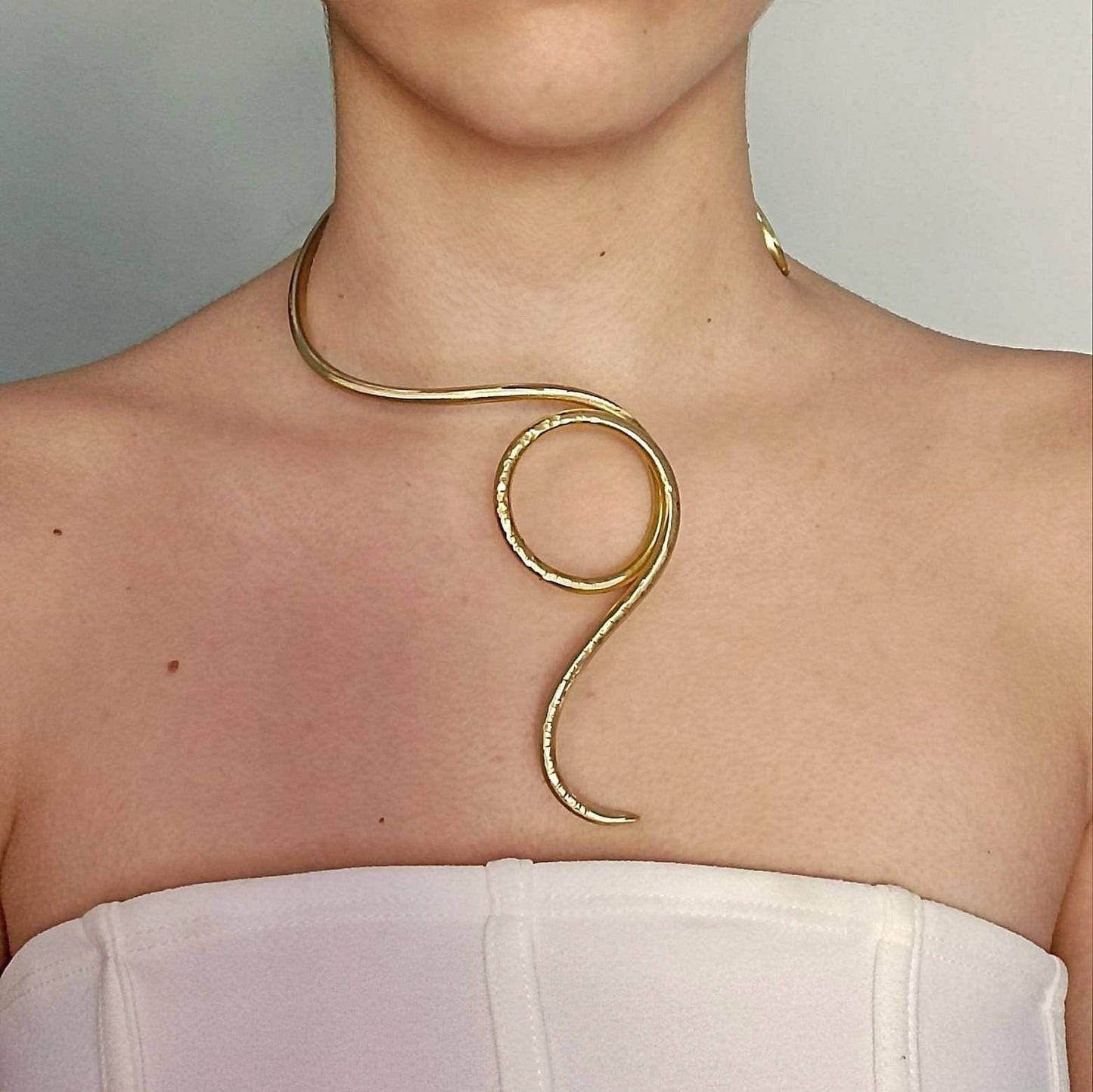 Brass wire sculpture necklace, open design gold necklace