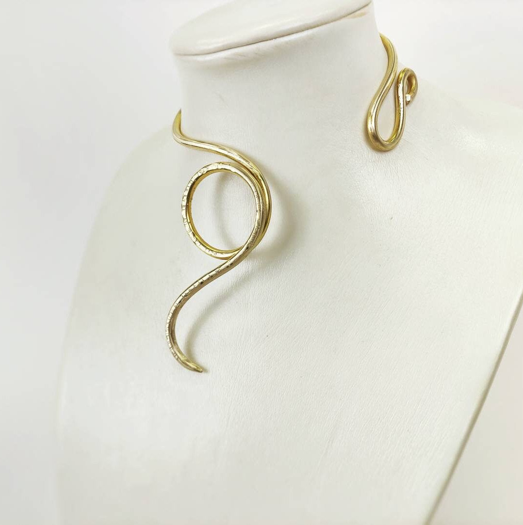 Brass wire sculpture necklace, open design gold necklace