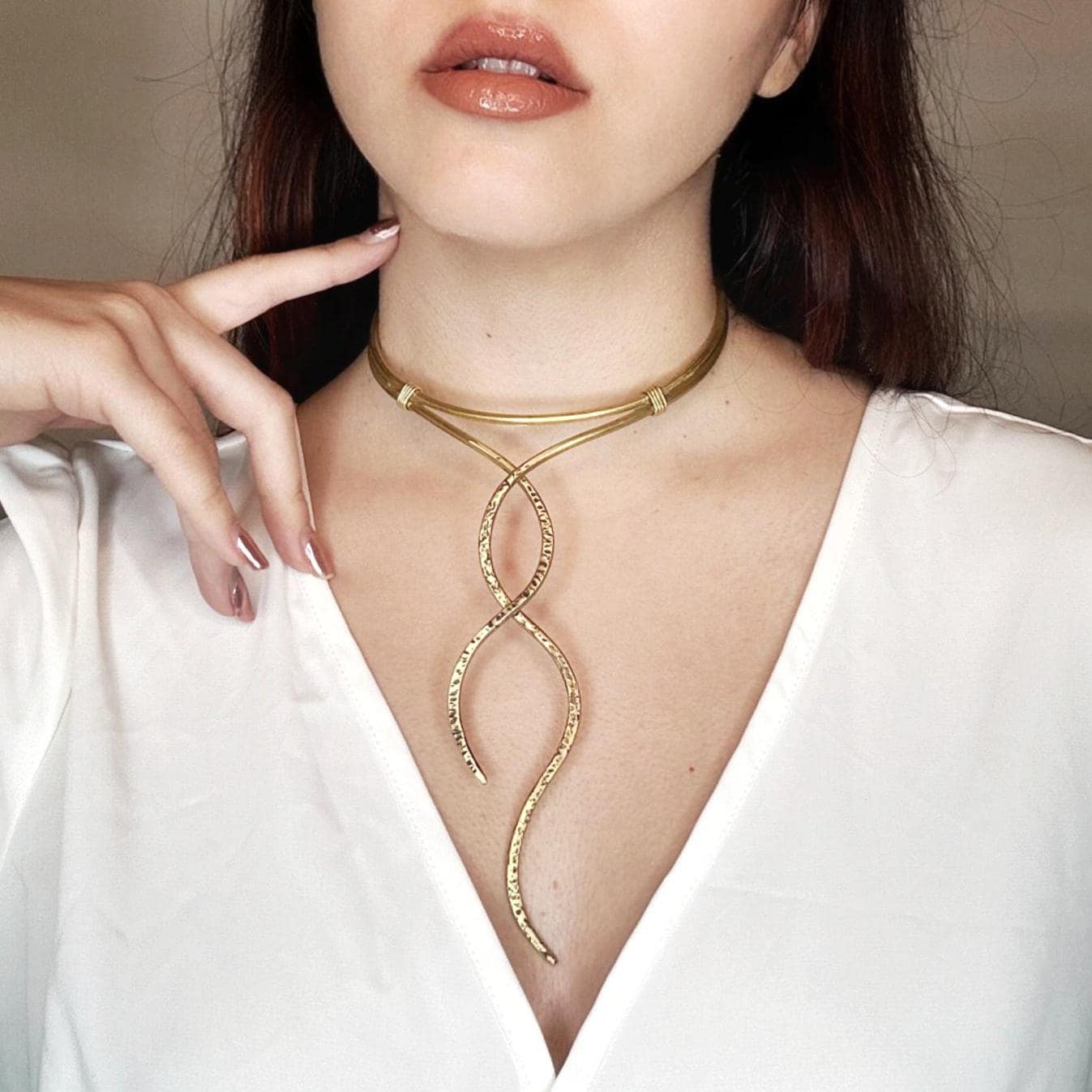 Handmade Greek style gold necklace with brass wire