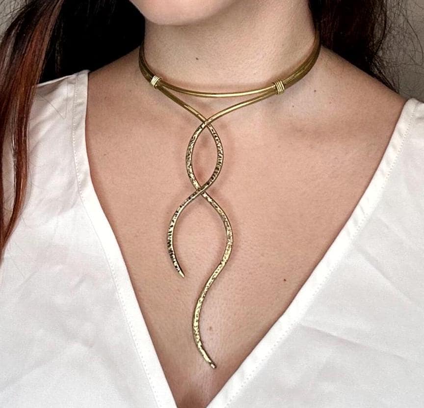 Handmade Greek style gold necklace with brass wire