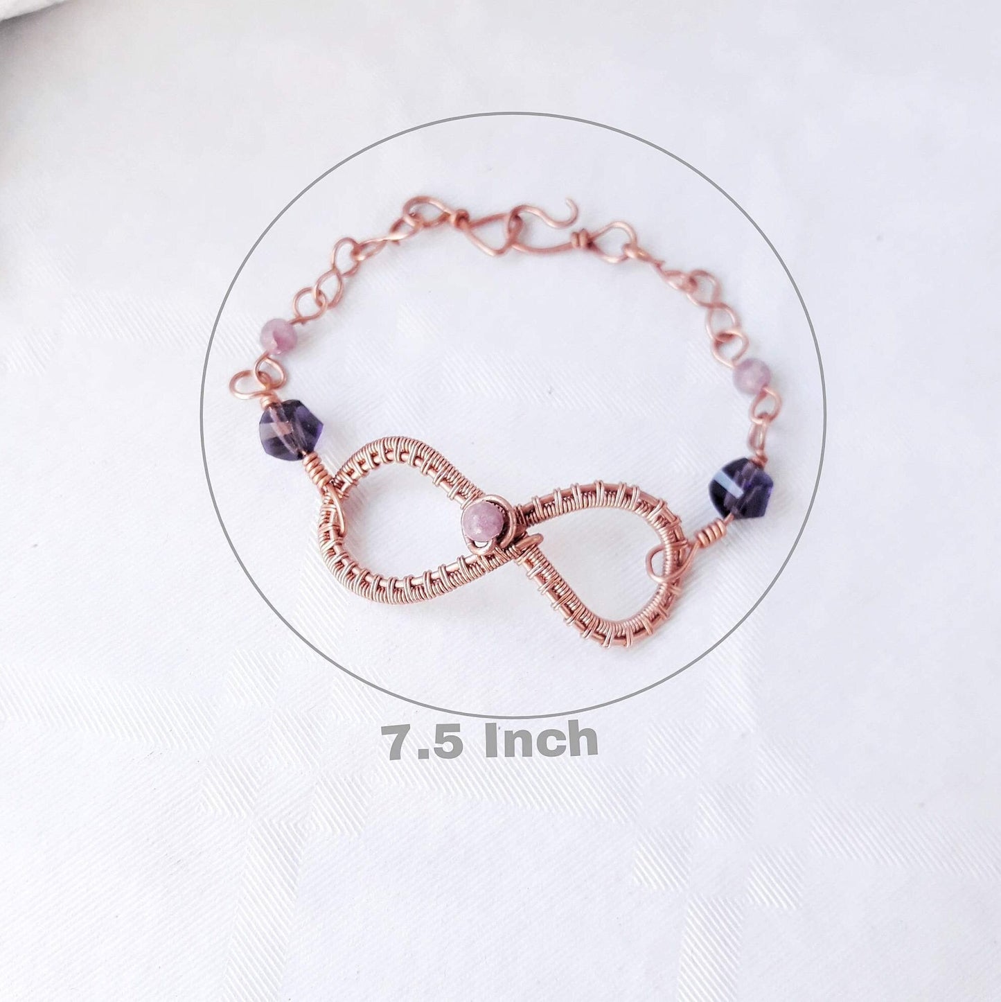 Infinity bracelet with lepidolite stones and crystal beads, Special gift for her personalized copper wire bracelet