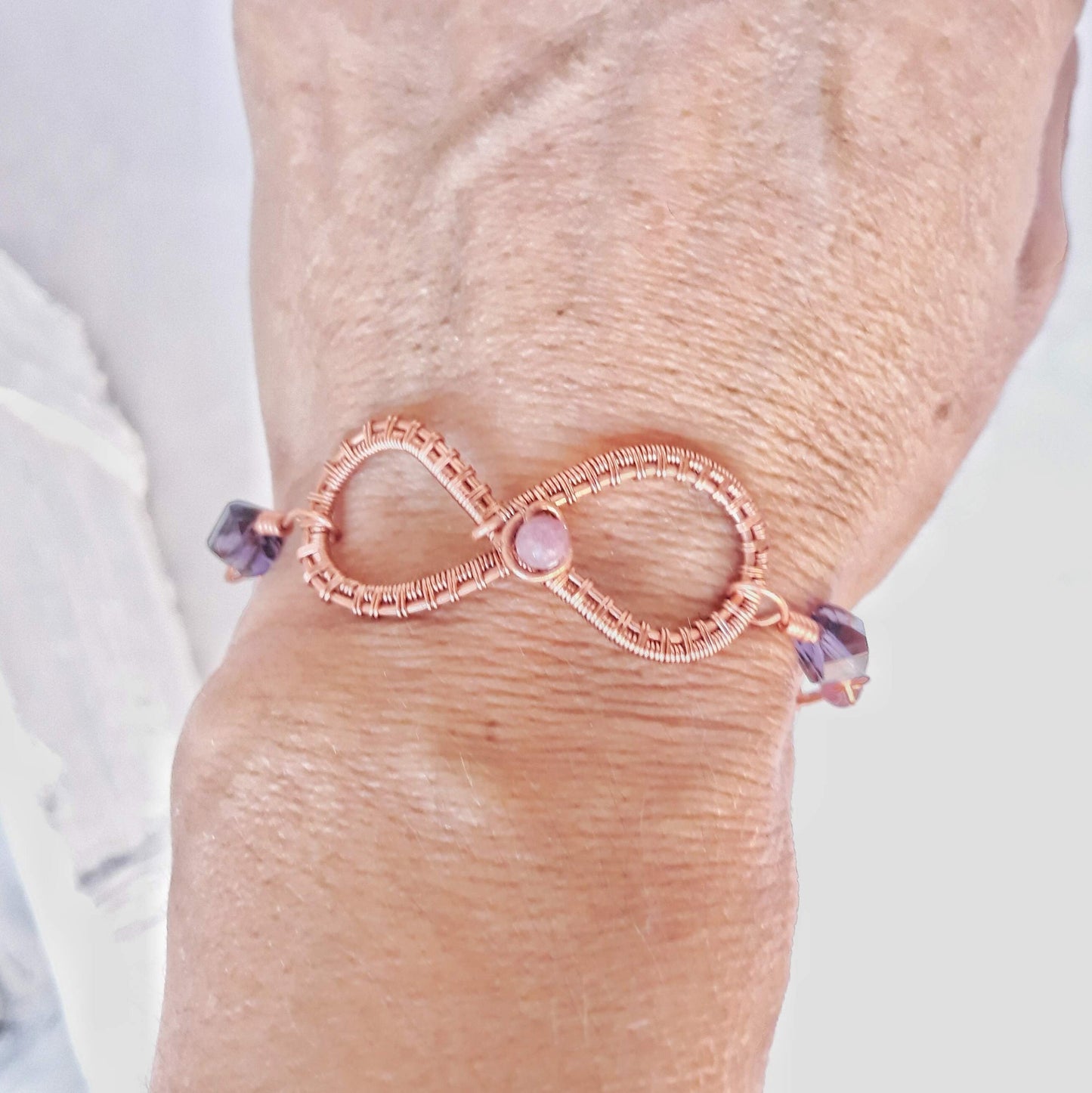 Infinity bracelet with lepidolite stones and crystal beads, Special gift for her personalized copper wire bracelet