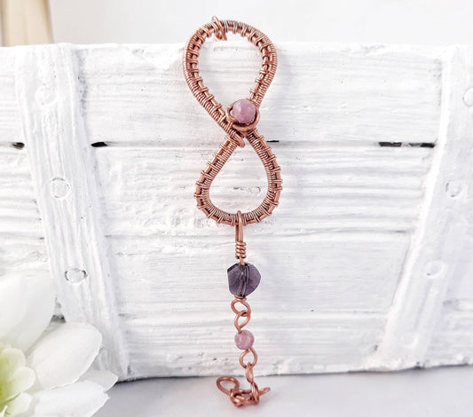 Infinity bracelet with lepidolite stones and crystal beads, Special gift for her personalized copper wire bracelet