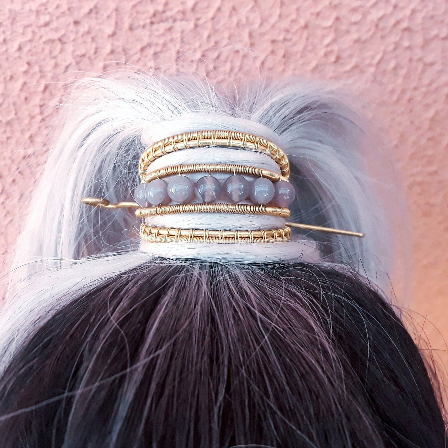 Golden ponytail holder with gray agate beads, hair accessory in copper, brass or silver