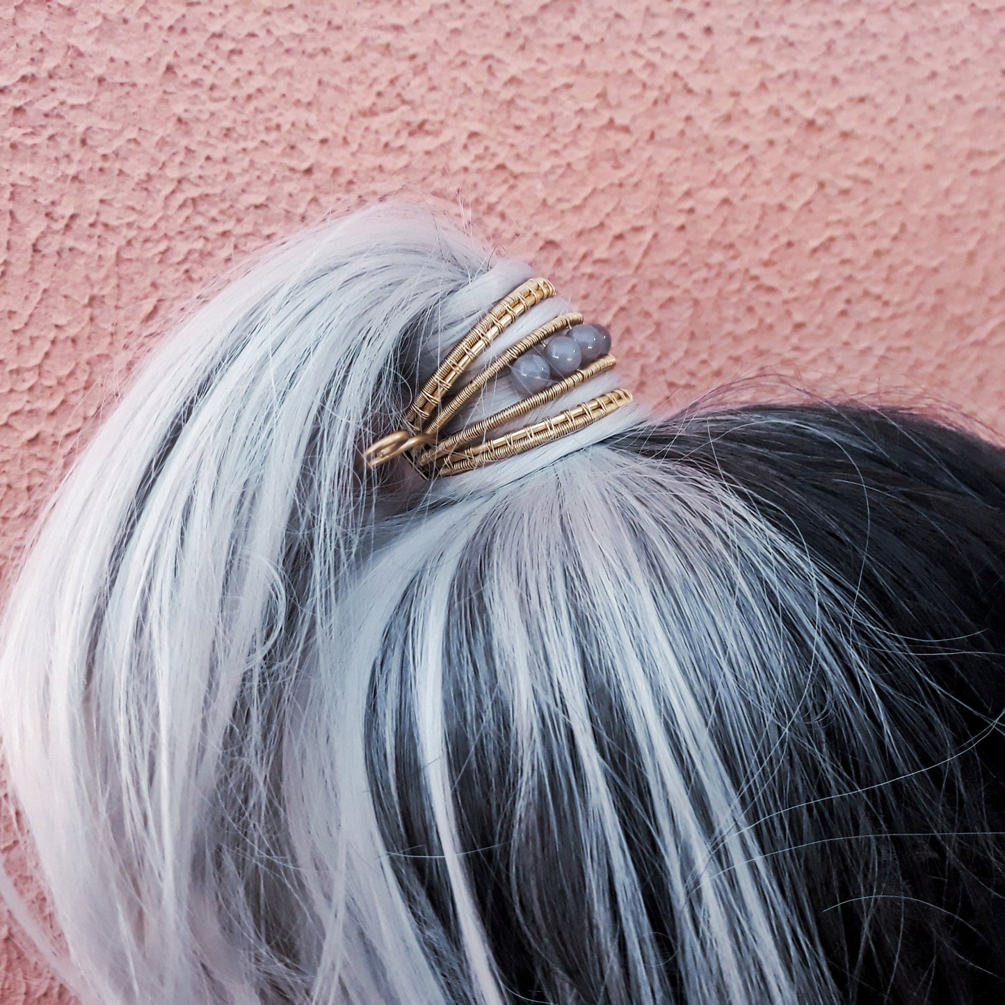 Golden ponytail holder with gray agate beads, hair accessory in copper, brass or silver