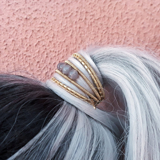 Golden ponytail holder with gray agate beads, hair accessory in copper, brass or silver