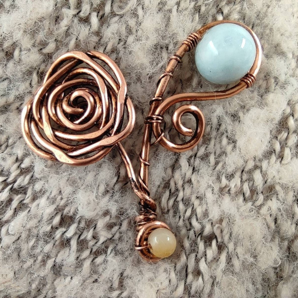 Rose chal pin with aquamarine bead for knit scarf, Gemstone Shawl pin brooch for woman, gift for mom cloak pin