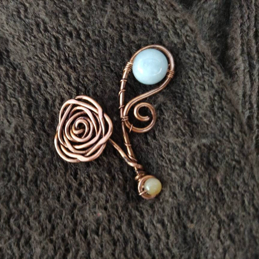 Rose chal pin with aquamarine bead for knit scarf, Gemstone Shawl pin brooch for woman, gift for mom cloak pin