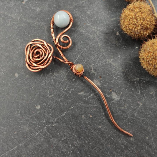 Rose chal pin with aquamarine bead for knit scarf, Gemstone Shawl pin brooch for woman, gift for mom cloak pin